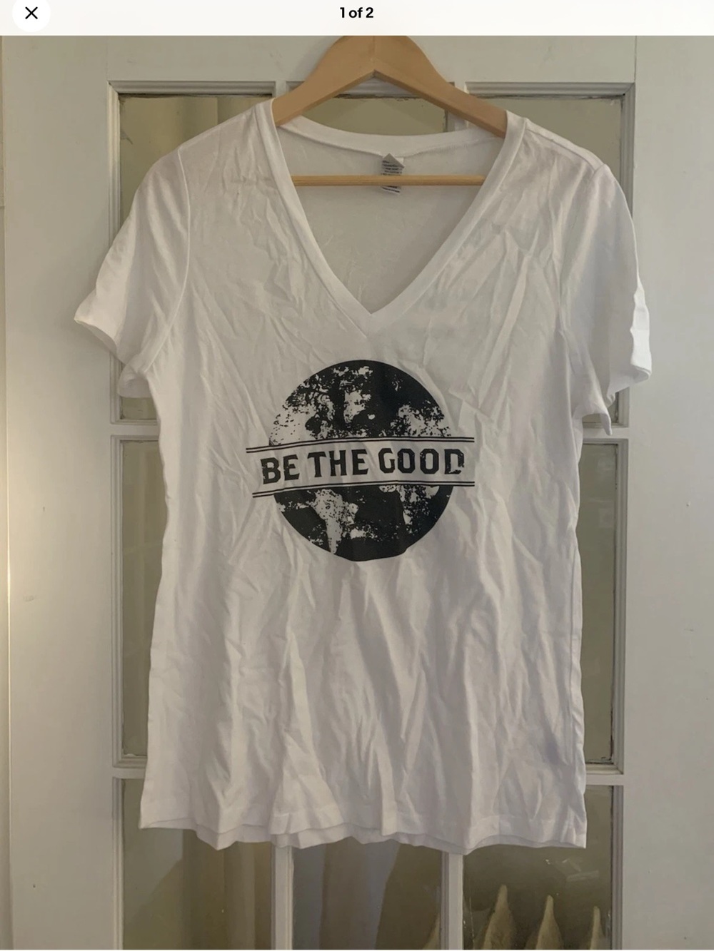 White V-Neck Graphic Tee - "Be The Good"